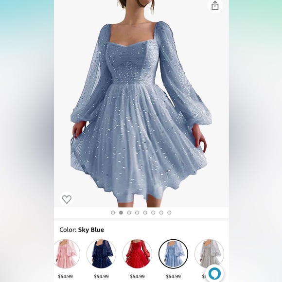 Puffy long sleeve sparkly short dusty blue prom dress with built in pockets - Picture 5 of 5